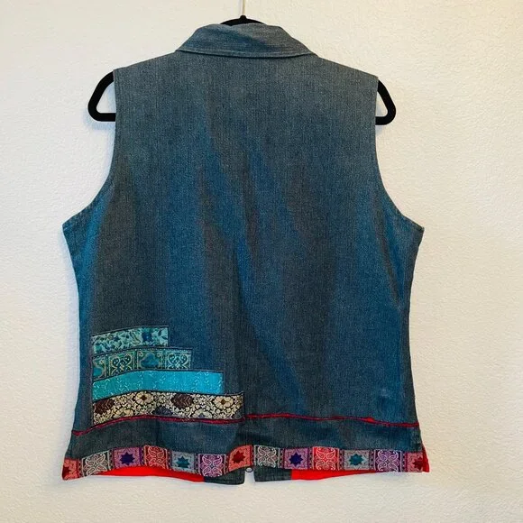 Coldwater Creek Denim Patchwork Embroidered Applique Zip Collared Vest | Large - Picture 6 of 8